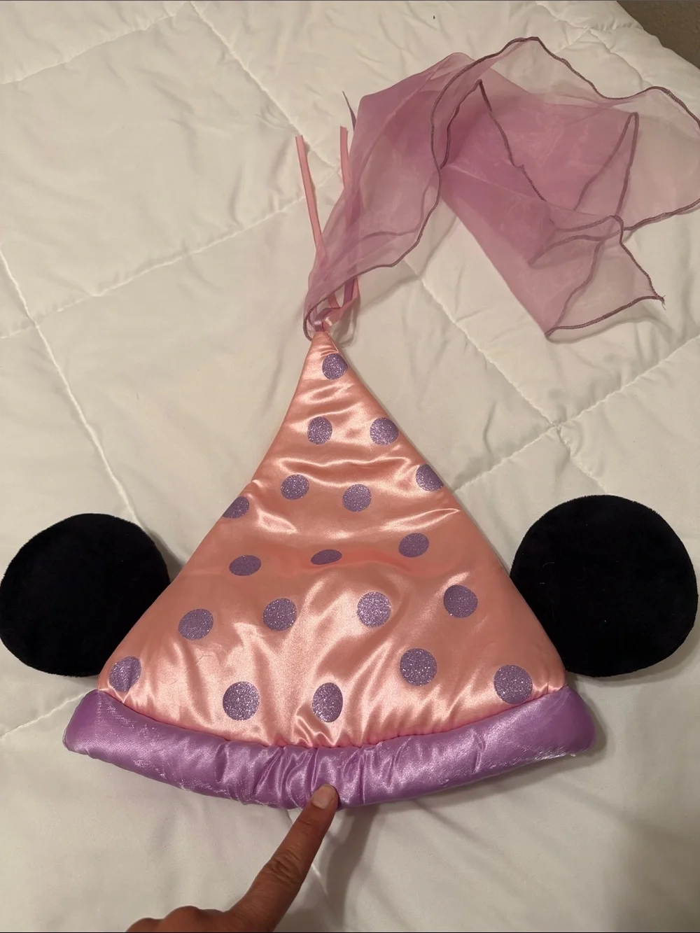 Disney Lavender Satin Cone Hat with Pink Lining and Sheer Veil